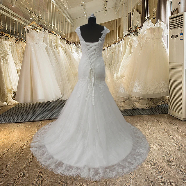 SW23 Mermaid V-neck Floor-Length Appliques Beading Lace vestido de noiva Pearls wedding dress 2
