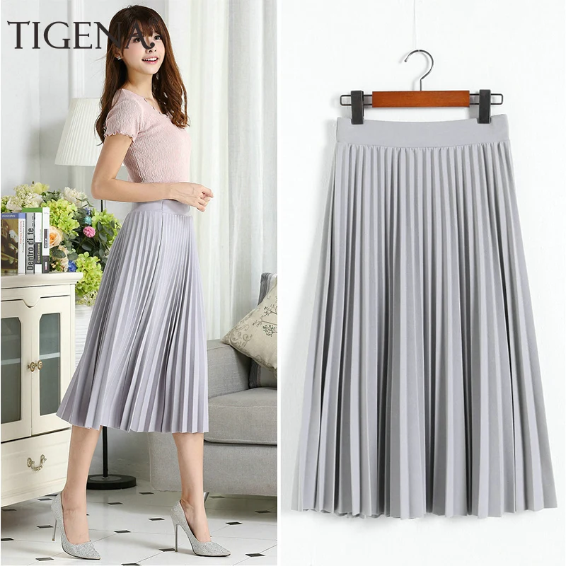 

TIGENA Black Pink Women Skirt 2019 Spring Summer Elastic High Waist Pleated Skirt Female Office Work Elegant Midi Long Skirt