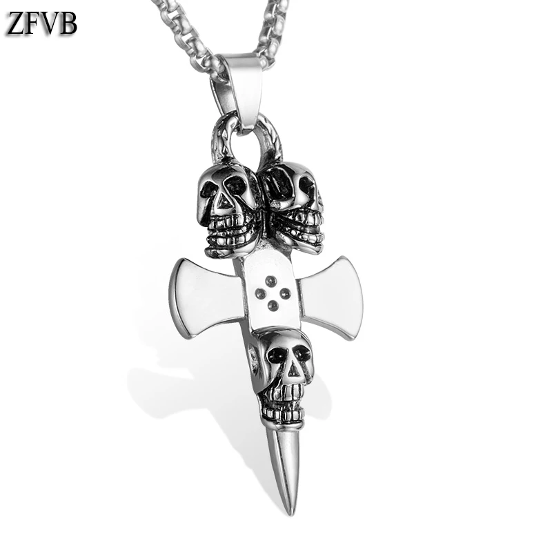 

ZFVB Punk Skull Axe Pendants & Necklaces Men 316L Stainless Steel Classic Skeleton Cross Necklace & Pendant Jewelry Bijoux Gift