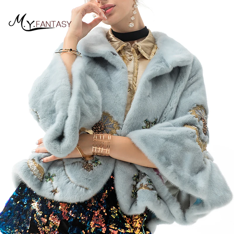 M.Y.FANSTY Winter Imported Swan Velvet Mink Coats Flare Sleeve Bead Mandarin Collar Real Fur Short Causal Women Mink Fur Coats