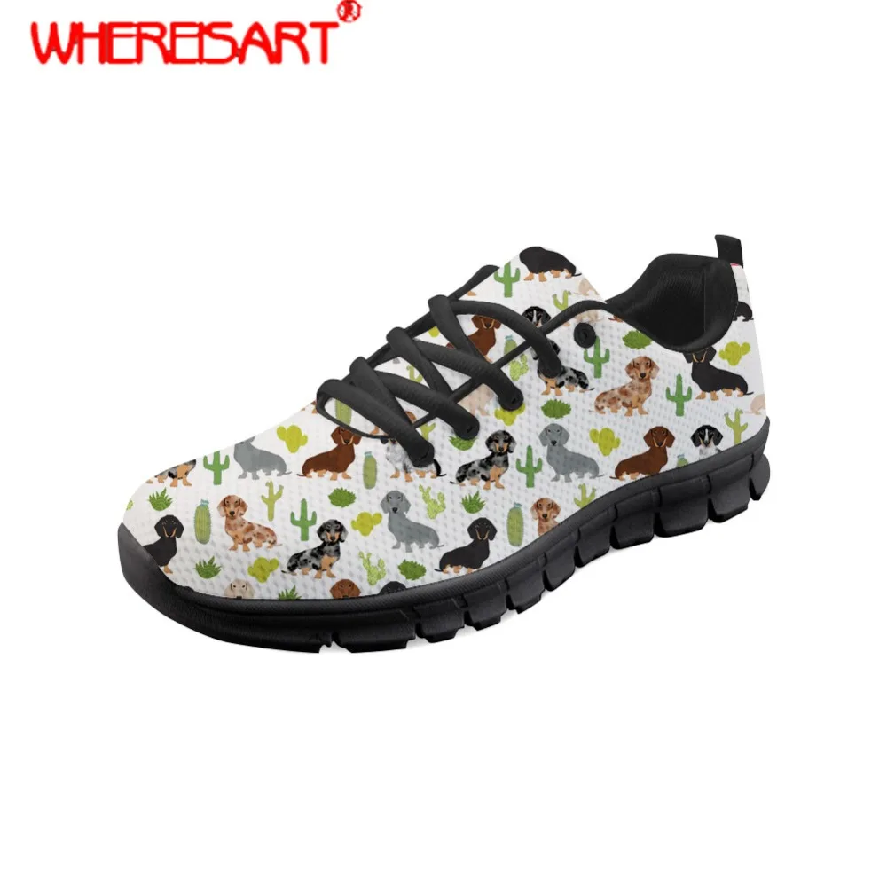 

WHEREISART Flat Sneakers Women Doxie Dog Printing Mesh Shoes Ladies Lace-up Light Spring Flats for Females Fashion Sneakers