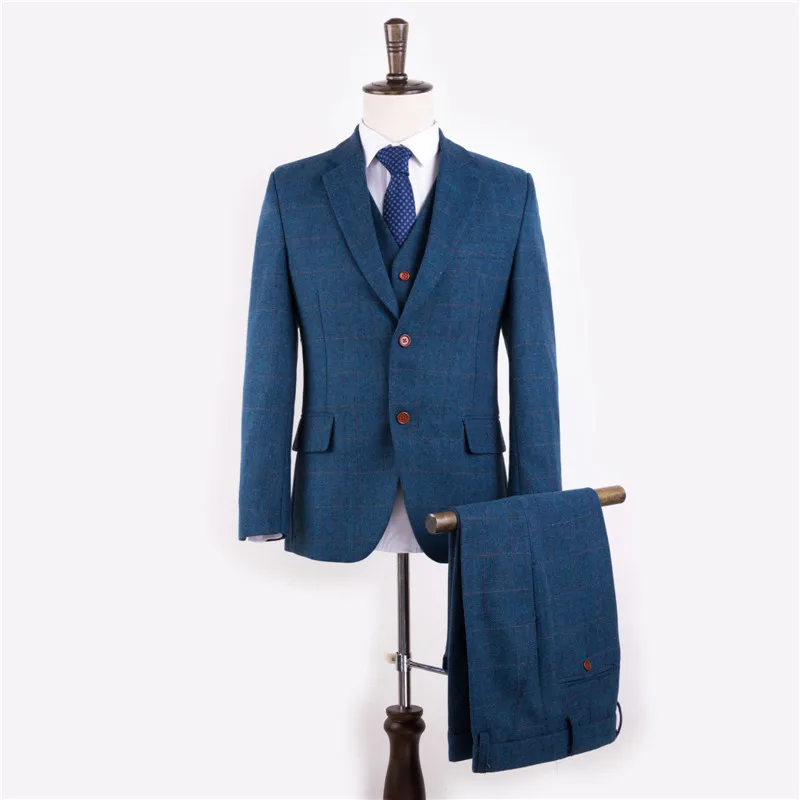 

Wool Blue Herringbone Retro Gentleman Style Custom Made Mens Suits Tailor Suit Blazer Suits For Men 3 Pieces (jACKET+Pants+Vest)