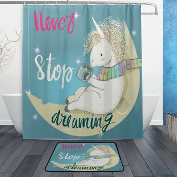 

Cute Fairytale Unicorn on Moon Waterproof Polyester Fabric Shower Curtain with Hooks Doormat Bath Bathroom Home Decor