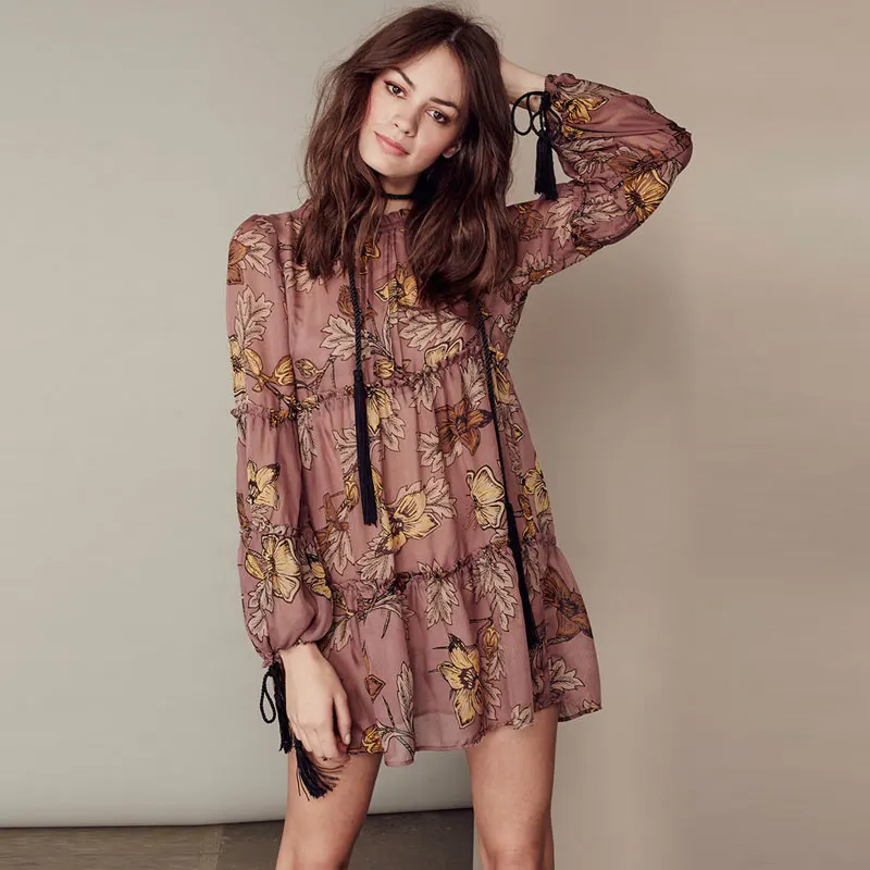 

BOHO PEOPLE 2018 Spring Summer Short Dress Maxi Hippie Beach Holiday Wear Floral Print Dresses Tassel O Neck Women Bohemia Dress