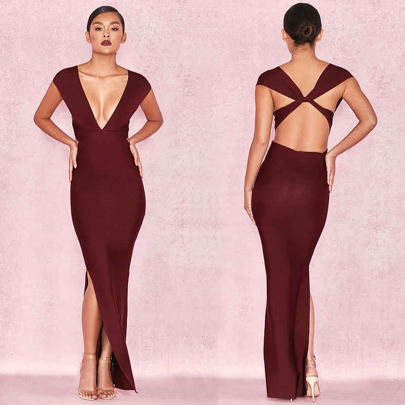 

2017 New Arrival Elegant Maxi Evening Party Dresses Sexy Red Wine Backless Long Bandage Dress Fashion Christmas dress Vestidos