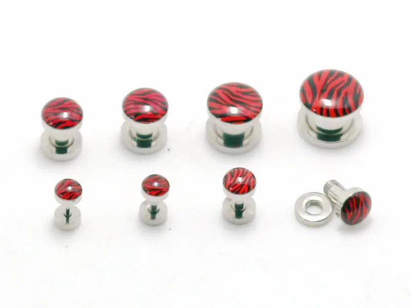 Red Zebra Print Picture Screwed On Surgical Steel Flesh Tunnel Ear