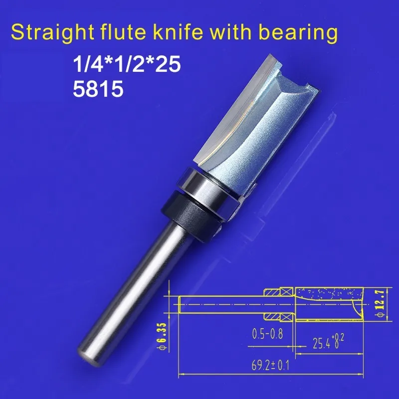 

1pcs 1/4 x 1/2inch*25.4mm Straight flute knife with bearing Woodworking Milling Cutter Po lishing Head Tool 5815