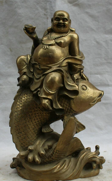 

JP S62 18" Chinese Buddhism Brass Seat Fish Wealth Happy Laugh Maitreya Buddha Statue Discount 35%