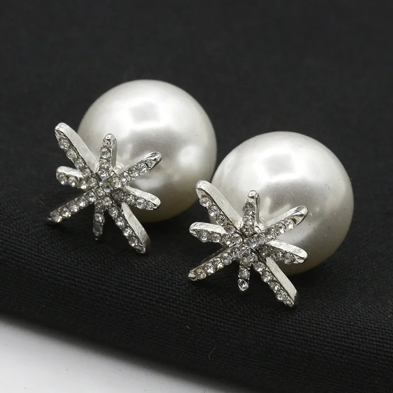 Hot Sale Rhinestone Snowflake Imitation Pearl Double Sided Stud Earrings Fashion Fine Metal Geometry Star Removable Earring | Украшения и