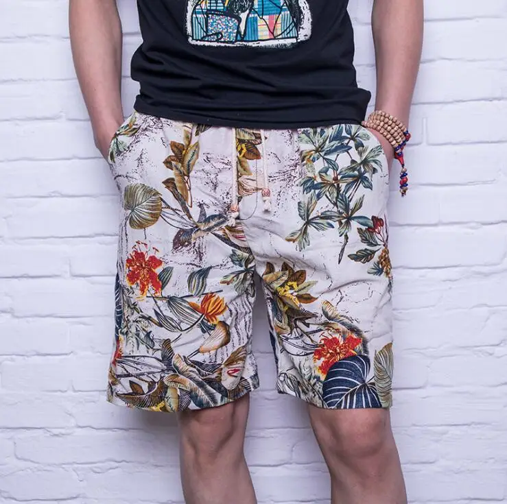

2018 men's cotton linen fabric printing beach shorts, summer dry sweat, loose big code five points pants, 8 colors casual short.