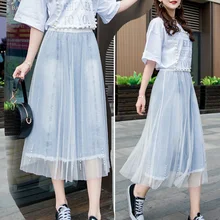 Женские длинные светло-голубые джинсовые сетчатые юбки для женщин Студенческая Милая плиссированная юбка летний осенний Топ Quaity