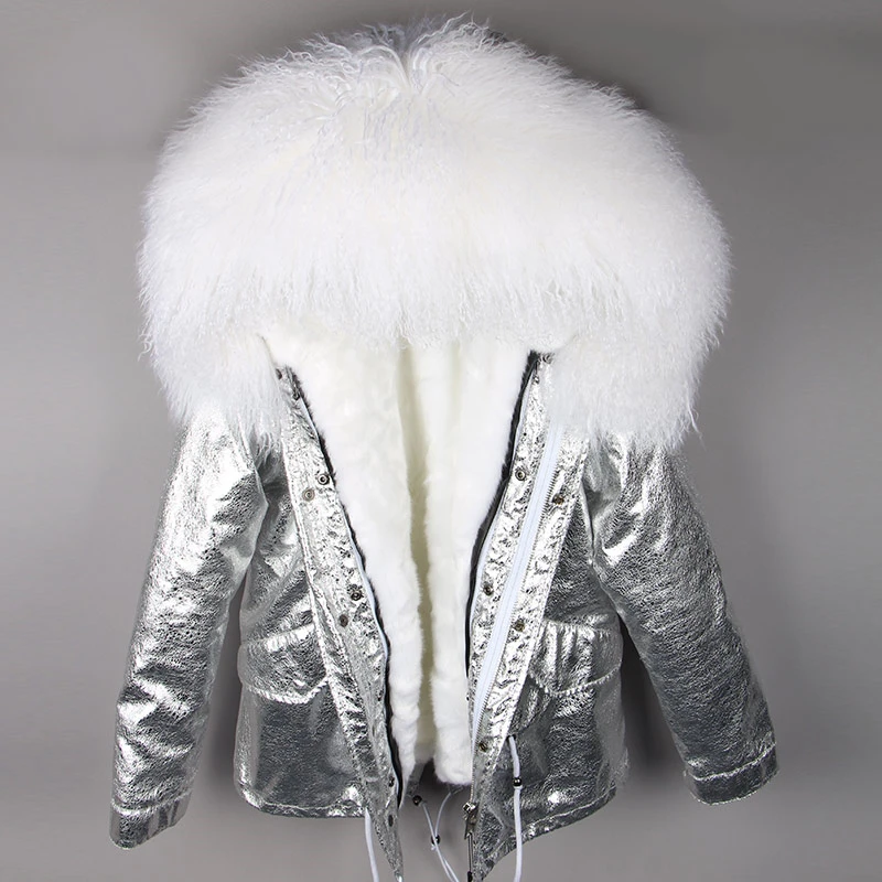 Parka Real Fur Coat Winter Jacket Women Real Mongolia Sheep Fur Parkas Thick Warm Luxury Detachable Outerwear Streetwear - Цвет: silver white