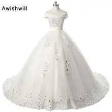 A Line V Neck Off Shoulder Lace up Back Beaded Appliques Tulle Long Tail Wedding Bridal Gown Wedding Dresses Robe de mariee