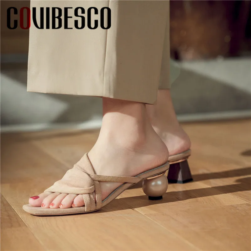 

COVIBESCO Fashion Brand Design Rome Square Toe Strange Style Women Sandals Slip On Kid Suede High Heels Party Casual Shoes Woman