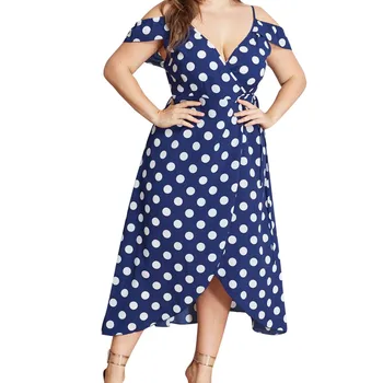 

KLV 2019 Summer latest fashion Womens Plus Size Print V-Neck Blue polka Dot Ladies Summer Dress free shipping D4