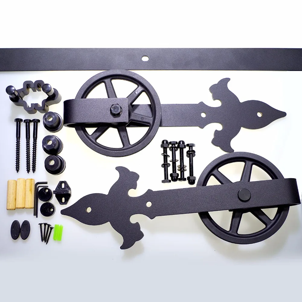 LWZH Sliding Barn Door Hardware Kit Black Steel Arrow Flower- Shaped with Big Rollers Closet Door Hardware for Double Door 7/9FT
