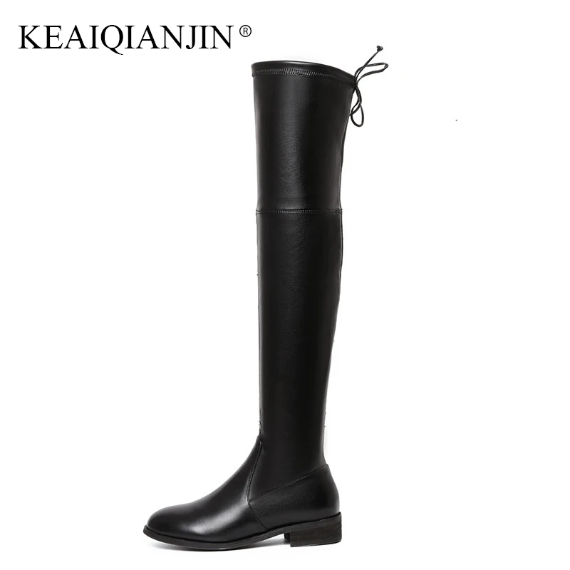 

KEAIQIANJIN Woman Genuine Leather Over The Knee Boots Black High Heeled Shoes Autumn Winter Round Toe Rainboots Knee High Boots