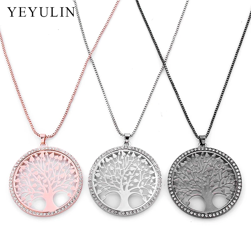 

Vintage Copper Material Hollow Circle Tree Of Life Necklace Inlay Shiny Crystal Wisdom Tree Pendants Jewelry Accessories