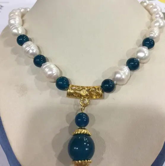 

Beautiful freshwater rice pearl + blue bead necklace pendant 10-11mm 8mm 12mm