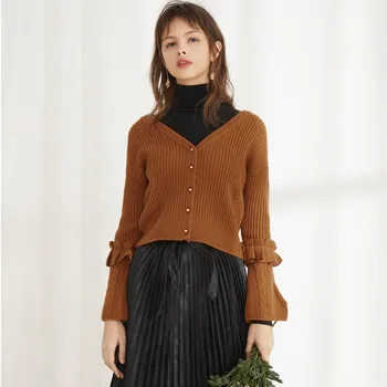 

Autumn Ruched Flare Sleeve V Neck Slim Knit Short Sweater Women Spring Single-breasted Sweet Knitwear Cardigan