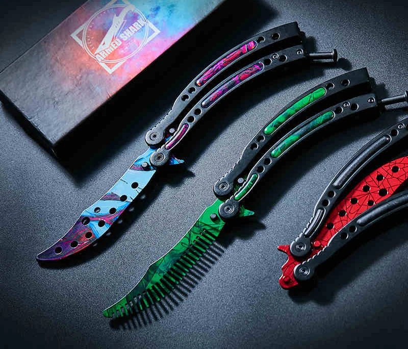 

FBIQQ NEW CSGO Butterfly Knife Cross Fire 440C Steel Clip Point Plain Sharp metal handle Training training knives Spring Latch