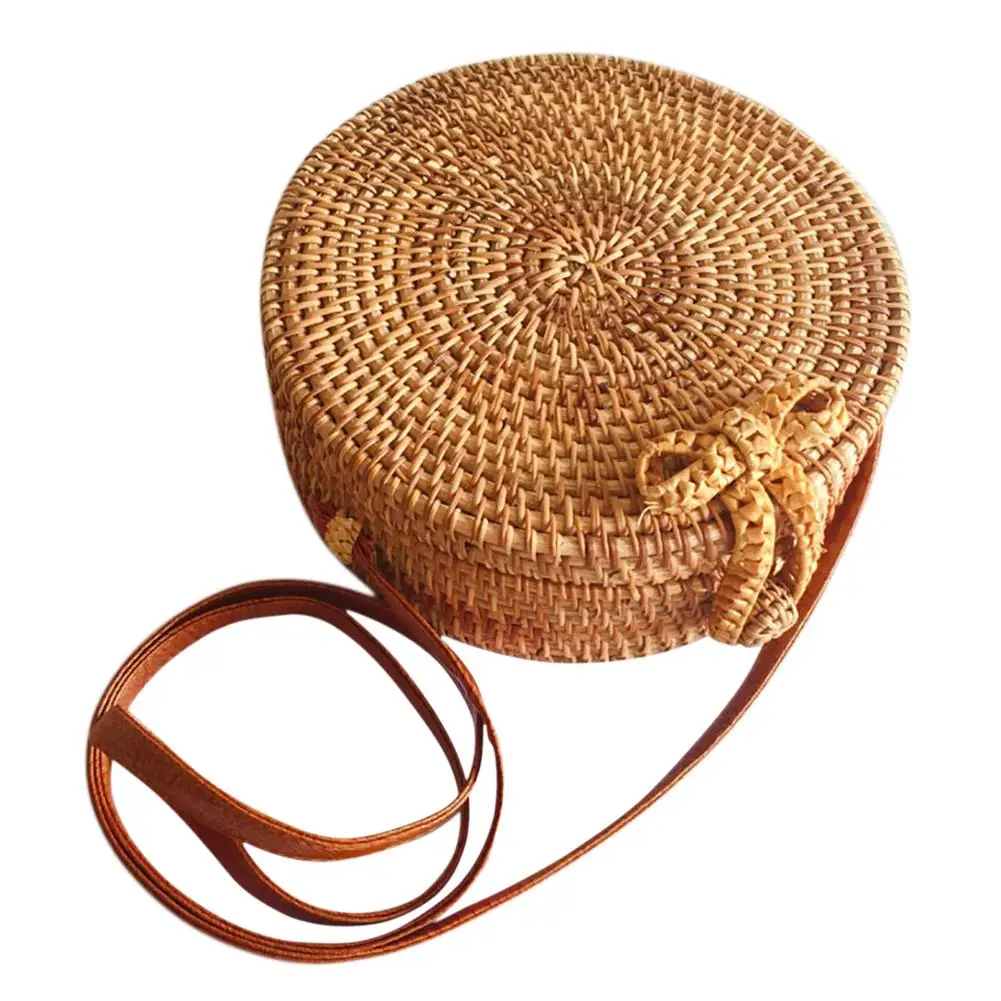 

CC Bohemia Style Handmade Vintage Fashionable Rattan Straw Woven Bag Round Bow Beach Bag Home Storage Bag For Women