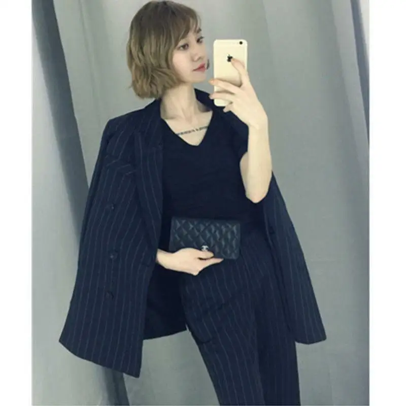 Korean Womens Stripe Black Blue Suits Casual Slim Lapel Coat Skinny Trouser Sz B9