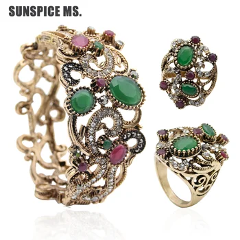 

Factory Outlet Price Turkish Women Resin Bangle Ring Jewelry Sets Vintage Hollow Flower Bracelet Cuff Ethnic Bridal Ring Indian