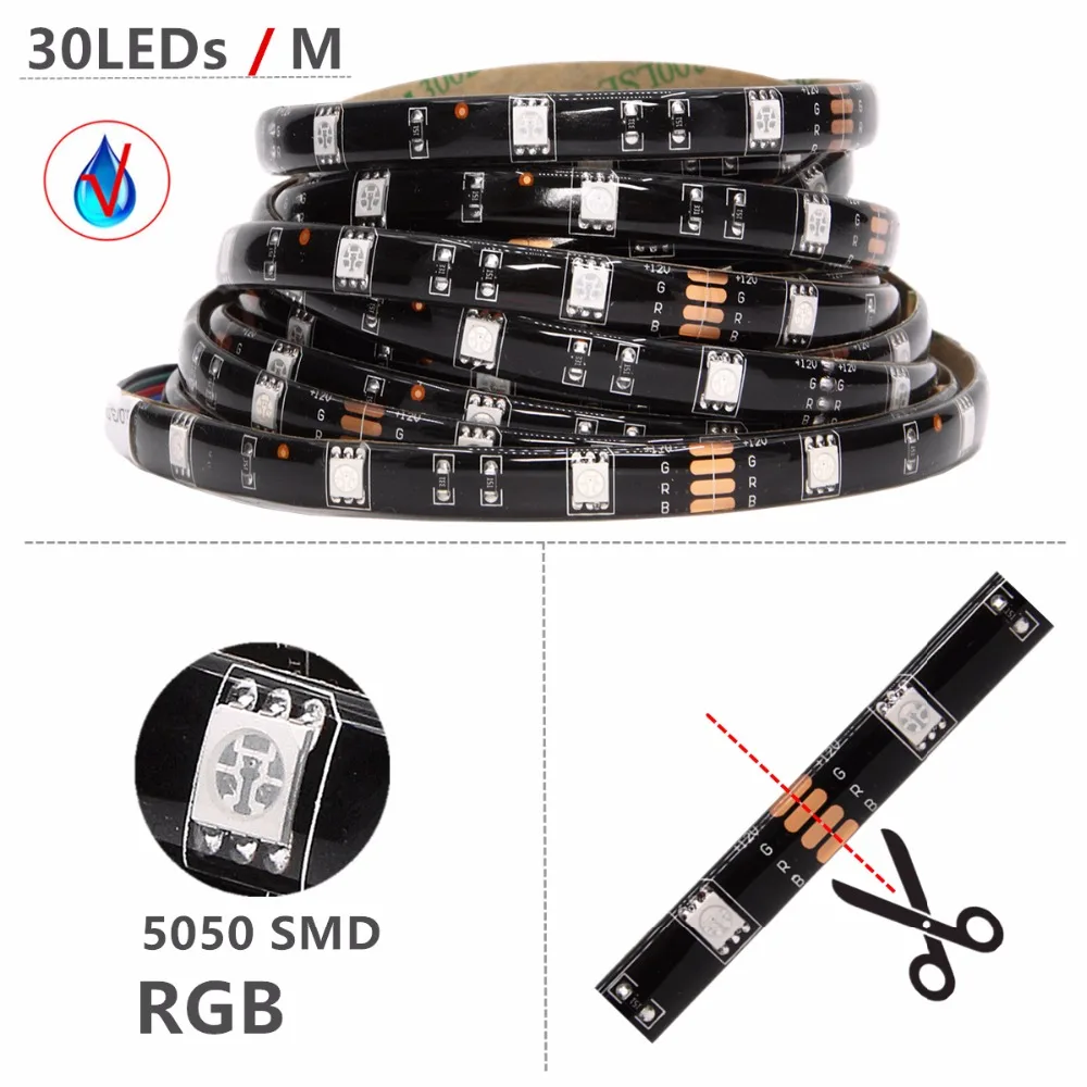 

DC 12V 5050 RGB LED Strip Black PCB Waterproof LED Light Strip Flexible Neon Tape with Power and Controller 60LEDs/m 30LEDs/m