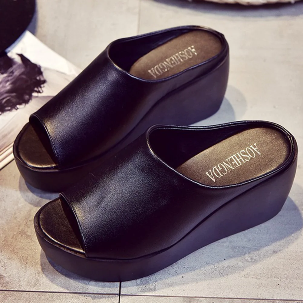 black open toe slides