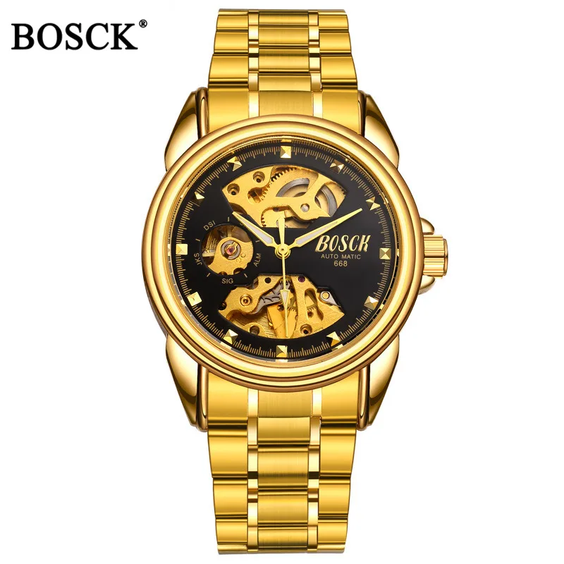 Бренд Bosck, роскошные механические мужские часы, автоматические золотые мужские часы со скелетом, водонепроницаемые часы с автоматическим заводом из нержавеющей стали, Hombre - Цвет: Gold black