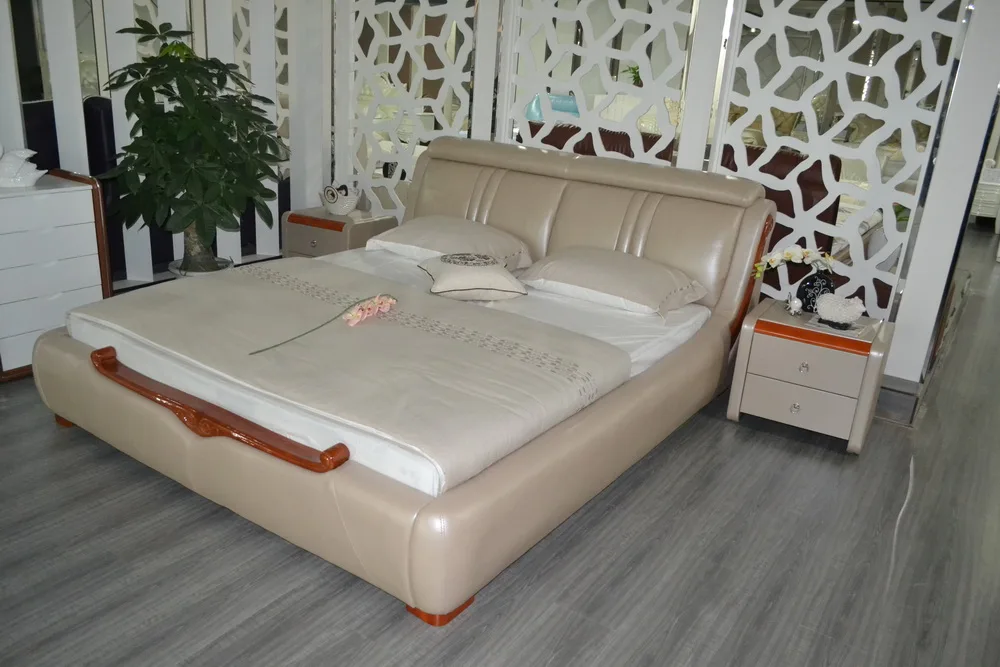 cheap 2019 Genuine Leather Direct Selling Time limited King No Genuine Leather Soft Bed Modern Bedroom Furniture Minion Sofa Beds