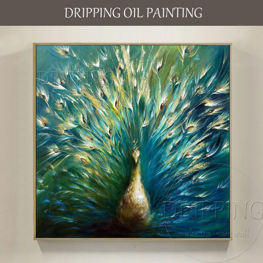 Artist Hand-painted Modern Wall Art Animal Peacock Oil Painting on Canvas Beautiful Peacock Spreads Tail Feathers Oil Painting
