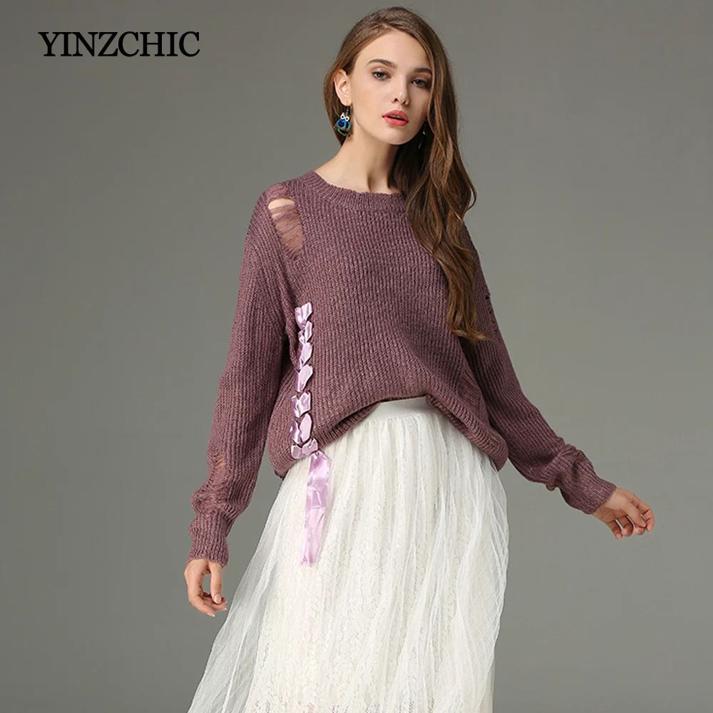 Woman's Loose Fuchsia Sweater New Autumn Mohair Female Loose Knit Pulls Hole Lace Up Solid
