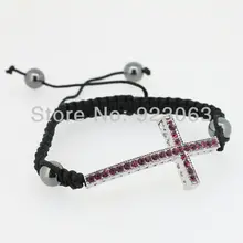 Sale 10pcs Fuchsia Crystal White Gold Color Curved Sideways Cross Connector Bead Adjustable Black Macrame Rope Jewelry Bracelet
