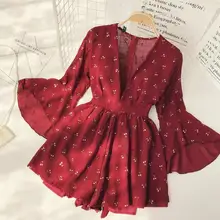 Винтажный женский комбинезон в богемном стиле с принтом вишни и глубоким v-образным вырезом, с высокой талией, Тонкий пляжный комбинезон с широкими штанинами и шортами