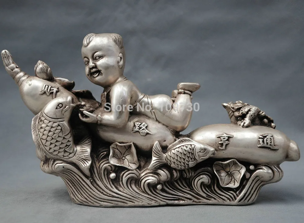 Bir 003227 12 China Silver Bronze Kid Boy Ride Ginseng Fish Toad Getting Rich Statue C0324 
