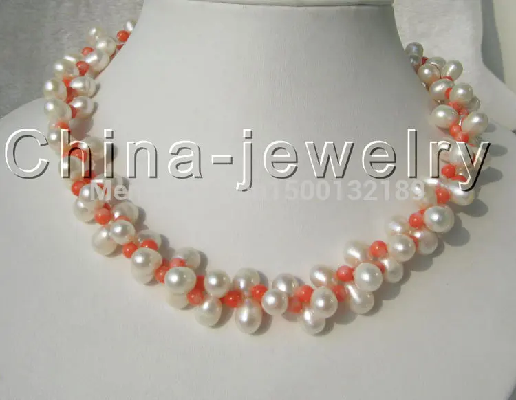 

j0080 Beautiful 17"2row 8mm white FW pearl and coral necklace