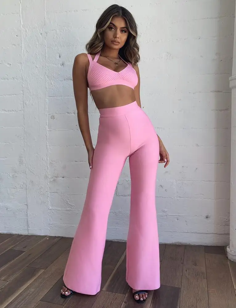 

5 Colors Women's Clothing Set Sexy Yellow Red Pink Bandage Short Tops Camis + Boot Cut Pants Two Pieces Set