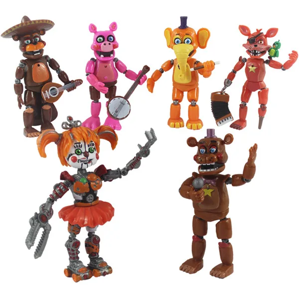 

New 6pcs/lot PVC Action Figures Five Nights At Freddy's Pizza Shop Doll With Light Joint Movable Freddy Toys Brinqudoes