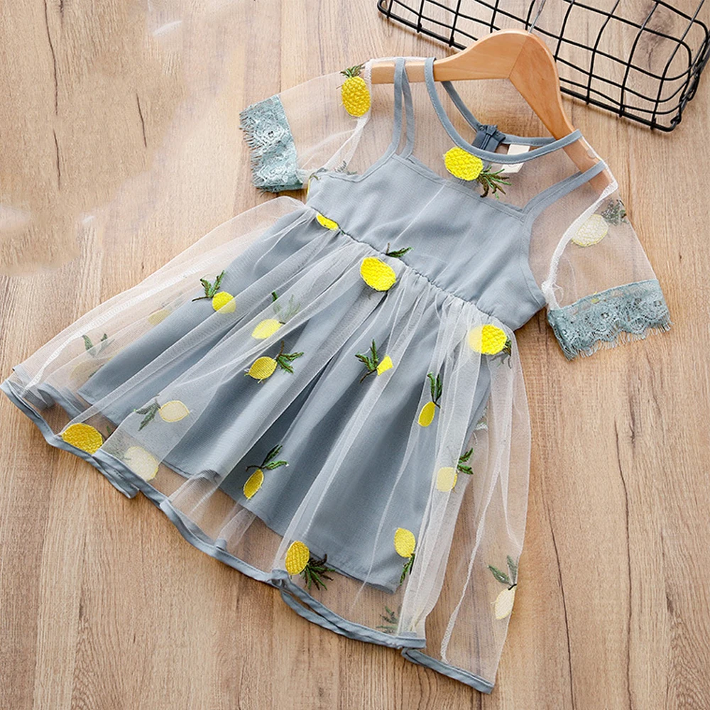 

2018 Kids Clothes Girls Dress Sleeves Embroidery Lemon Pineapple printed Lace Pirncess Dress Little Girl Dresses
