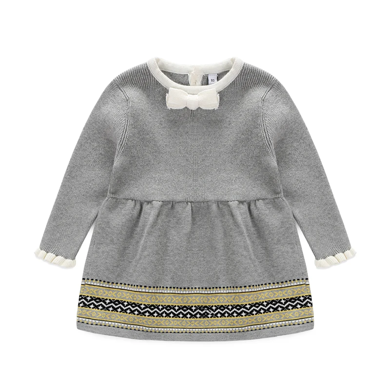 

Spring And Fall Newborn Kids Baby Girl's Cute Classic Dress, Age For 9M-3T, Pure Cotton Knitted Gray Long Sleeve Clothes