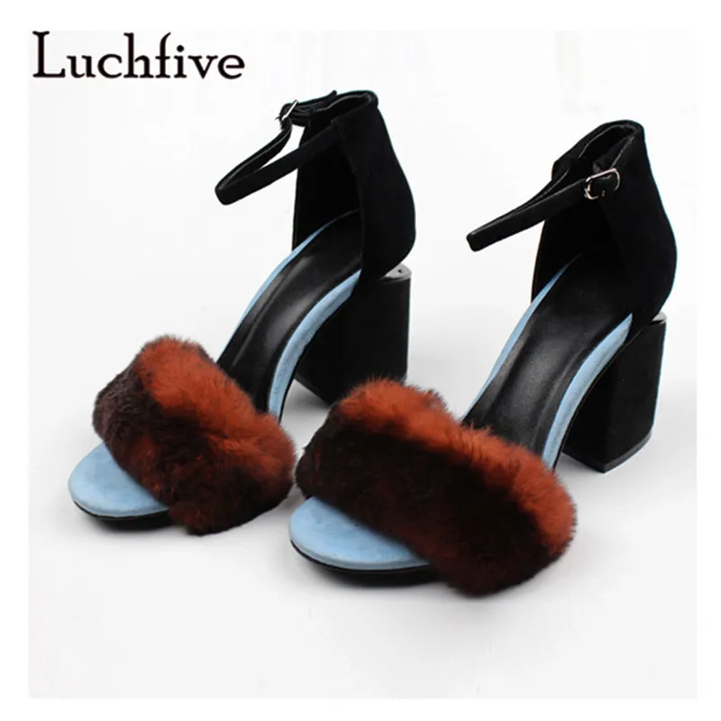 chunky heel buckle ankle strap platform sandals with fur
