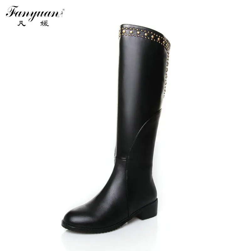 

Black Low Square Heel Full Grain Leather Upper Side Zip with Rivets Knee-High Riding Equestrian Woman Boots