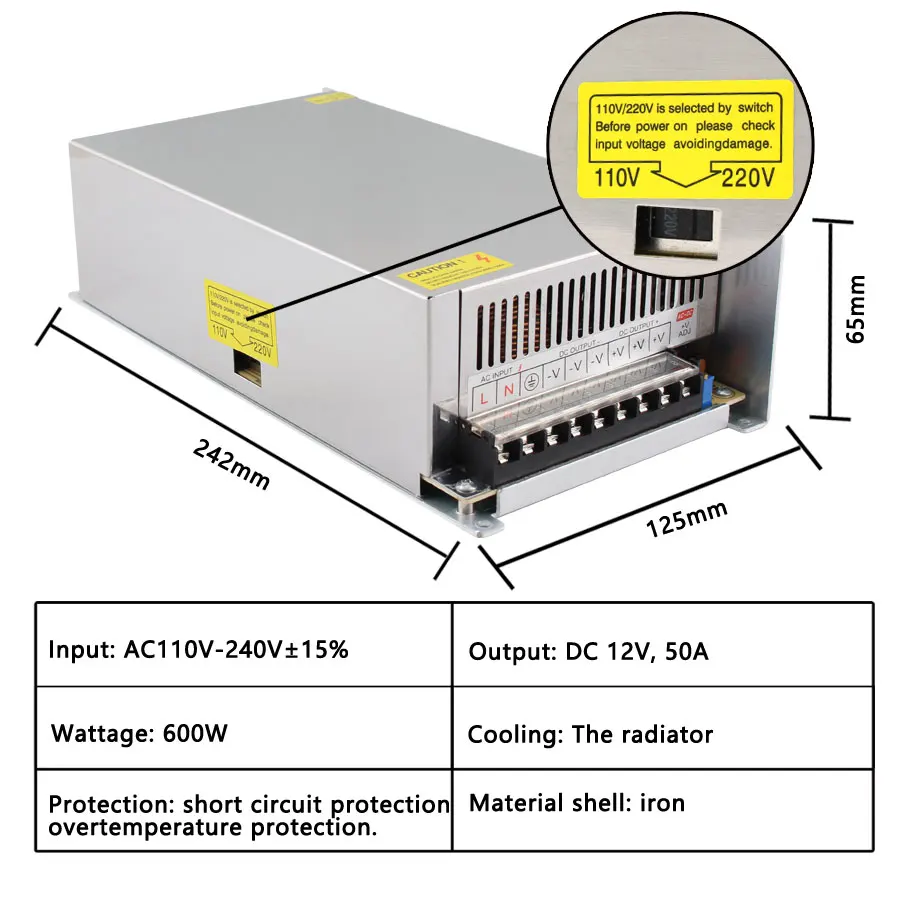 Импульсивный источник питания AC-DC Fonte 12В импульсный источник Питание 12V 1A 2A 3A 5A 6A 8A 10A 12A 15A 20A 30A 33A 40A 50A AC DC Питание импульсивный источник питания Fonte - Цвет: 12V 50A 600W