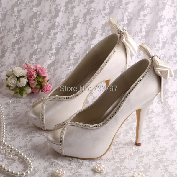 20 Colors Wedopus Ivory Satin Wedding Platform Pump Shoes with Bows on the Back