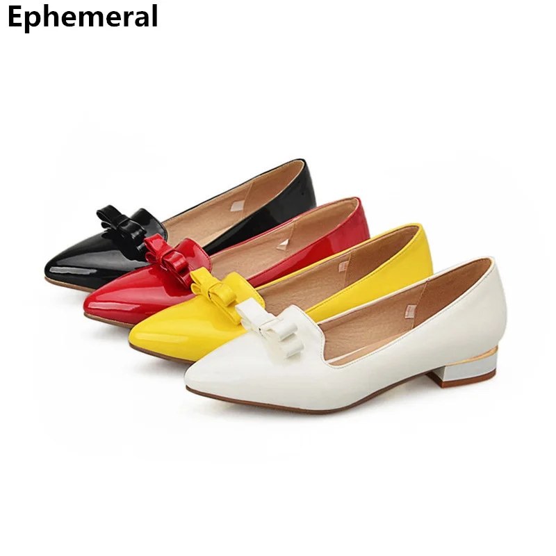 Г. Новейшая Обувь на низком каблуке женские туфли-лодочки туфли на высоком каблуке с острым носком и бантиком, лоферы желтого, красного, белого цвета, большие размеры 43, 34