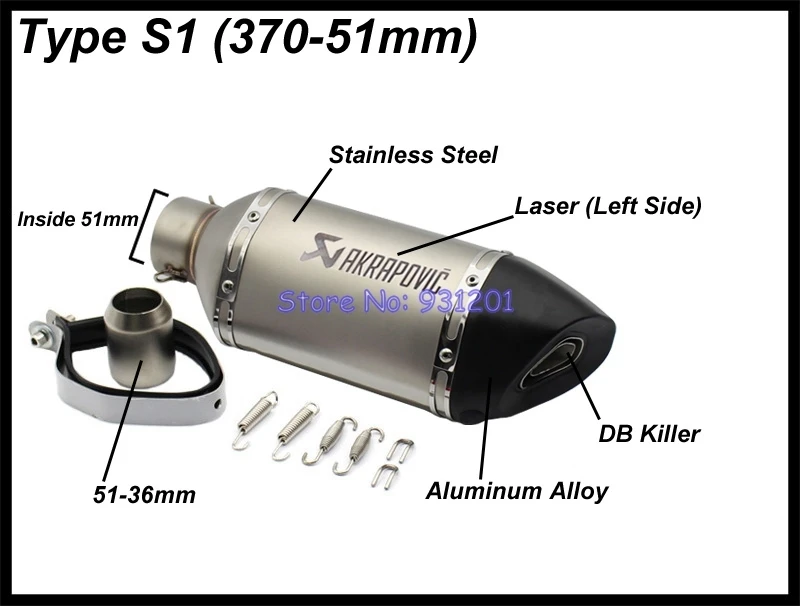 Впускной 51 мм 61 мм Левый мотоцикл глушитель трубы Akrapovic лазерная маркировка с DB Killer(длина 57 см/47 см/37 см - Цвет: Type S1