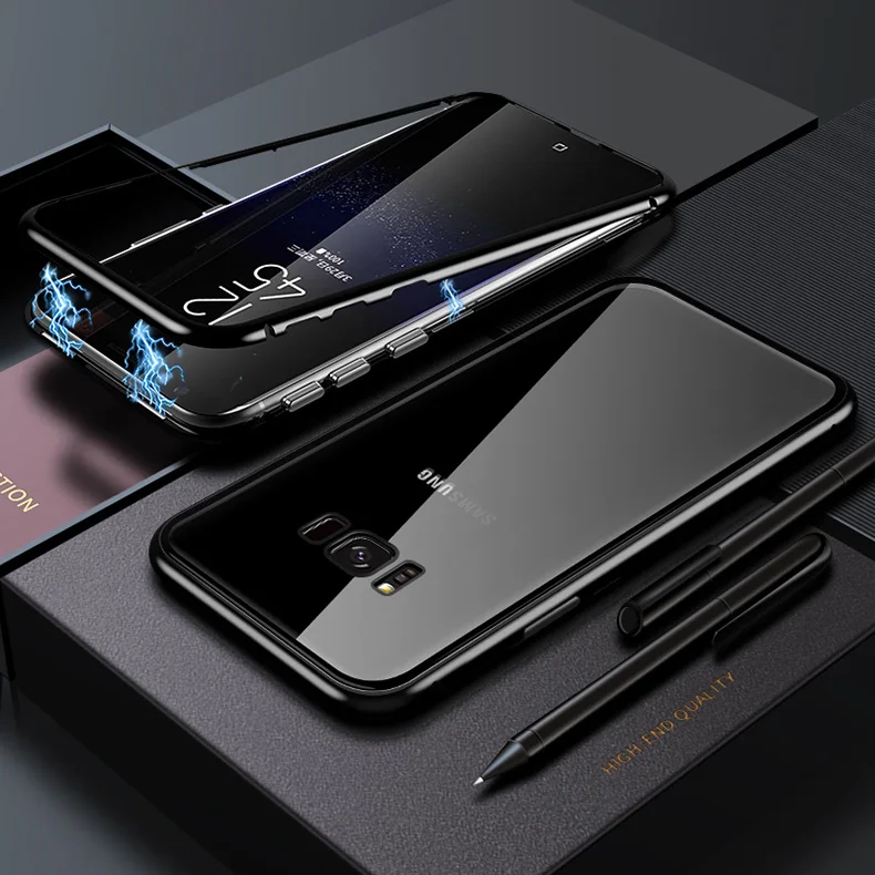 100 шт закаленный стеклянный магнит металлический чехол с магнитной адсорбцией металлический корпус для samsung Galaxy S9 S8 Plus S7 Edge Note 8 9 A30 a7