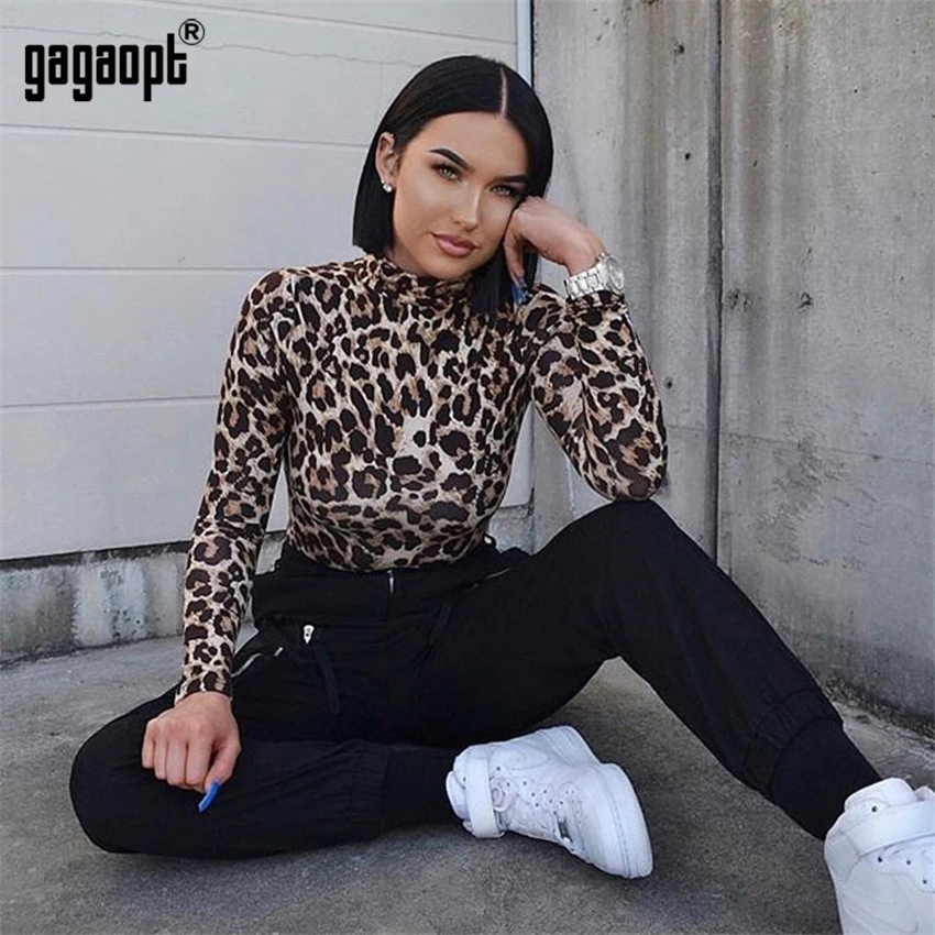 Gagaopt 2018 ليوبارد مثير Bodysuit للنساء السيدات طويلة الأكمام Bodysuit Bodycon نحيل Playsuit رومبير بذلة